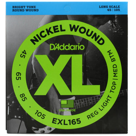 D'Addario EXL165 - Nickel Wound 4-String Bass Guitar Strings - .045-.105 - Regular Light Top/Medium Bottom - Long Scale (1 Pack)