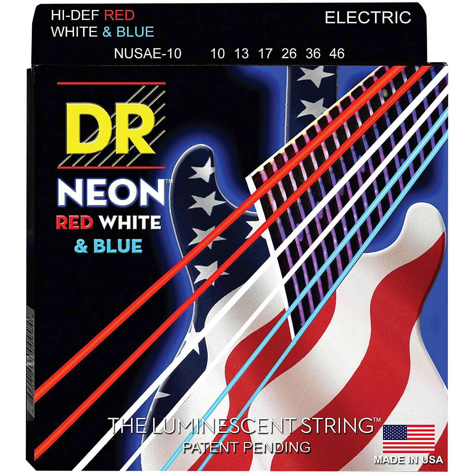 DR - HI-DEF Red, White & Blue Neon - 6-String Electric Guitar Strings (NUSAE-10) (1 Pack)