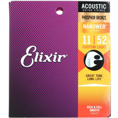 Elixir 16027 - Nanoweb Phosphor Bronze Acoustic Guitar Strings - .011-.052 Custom Light (1 Pack)