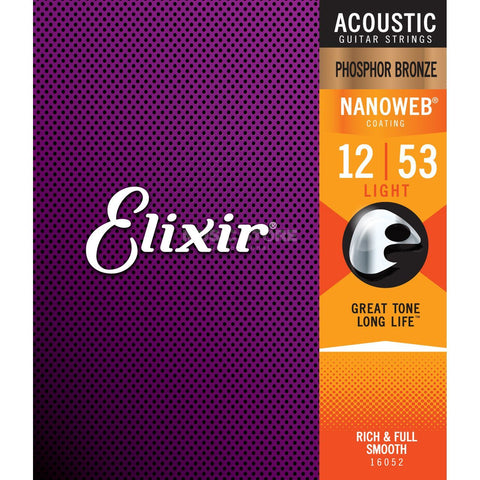 Elixir -16052 - Nanoweb Phosphor Bronze Acoustic Guitar Strings - .012-.053 Light (1 Pack)